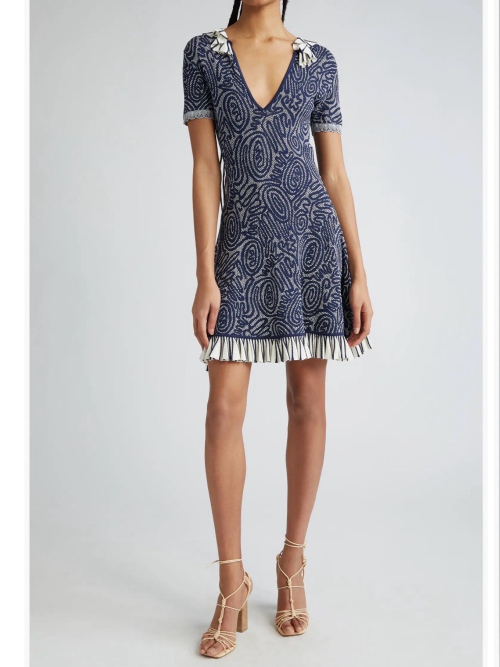Ulla Johnson Navy Printed V-Neck Short Sleeve Dress with Fringe